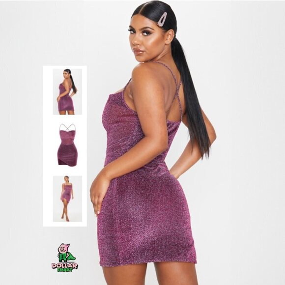 PRETTY LITTLE THING Purple Textured Glitter Strappy Cross Back Bodycon Dress - Picture 1 of 10